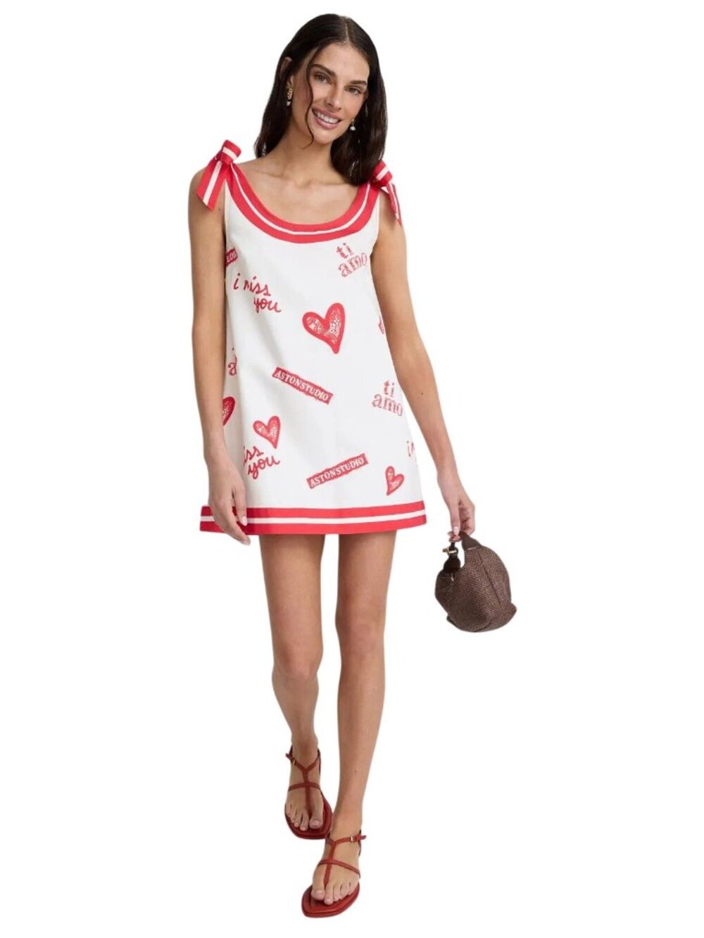 Aston Studio Quinn Mini Dress in Red Ivory Graphic Print 10 Womens